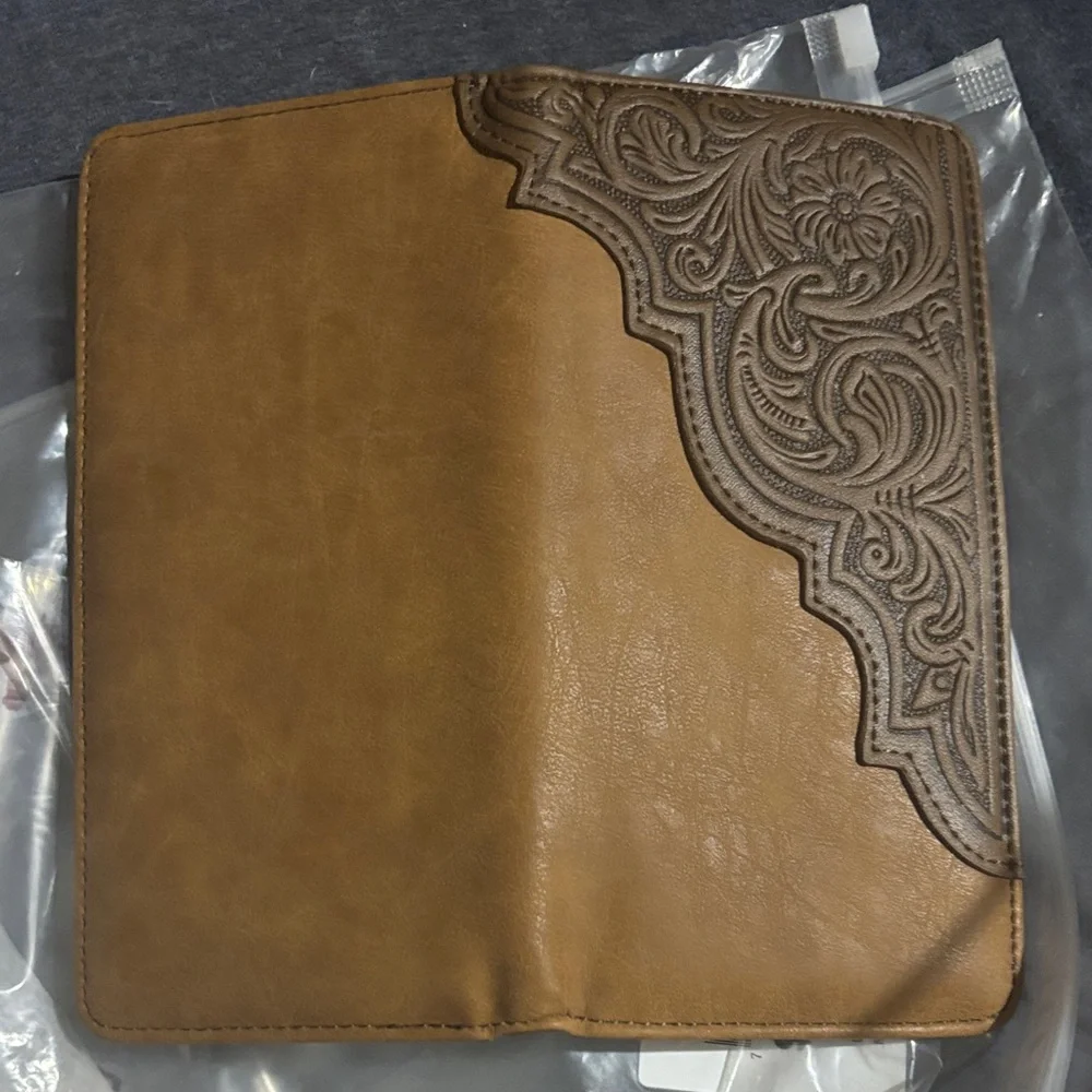 Montana West Tan and Brown Tooled Leather Long Wallet Key & Card Holder